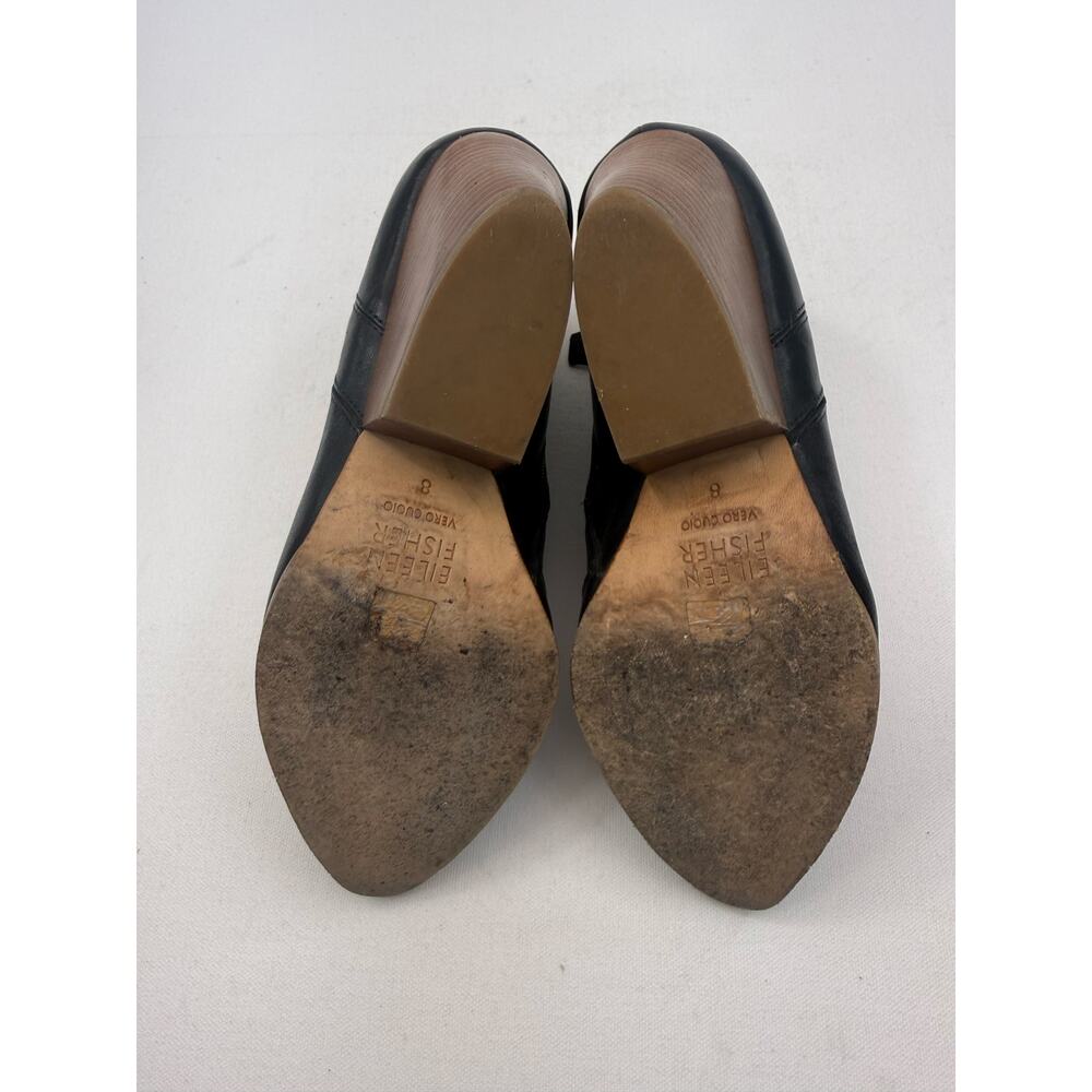 Eileen Fisher Black Leather Block Heel Ankle Booties Size 8 Minimalist Comfort - Picture 7 of 8